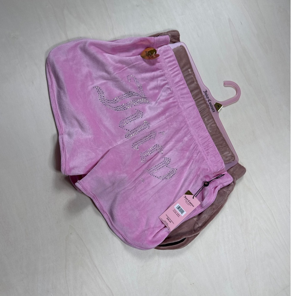 Juicy Couture 2Pack Velour Track Shorts Pink Rhinestone Mauve Monogram Set M NWT